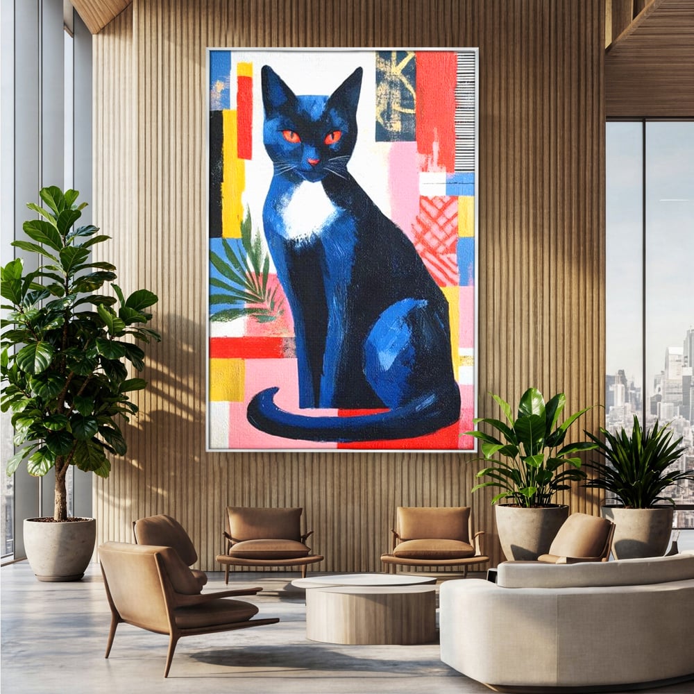 Tablou canvas cu tablou canvas cu pisica albastra stilizata, in rama de aluminiu argintiu, pe perete intr-un birou